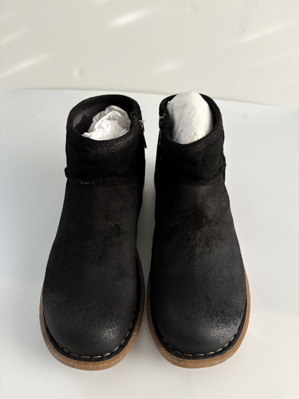 Born Tinley Size 9 Distressed Black Suede Ankle Booties with Tan Sole